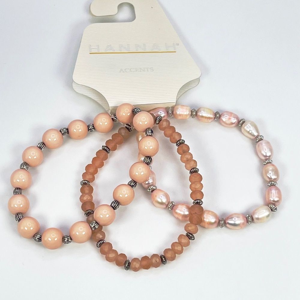 Set of 3 Pink Beaded Stretch Bracelets with Pink Freshwater Cultured Pearls